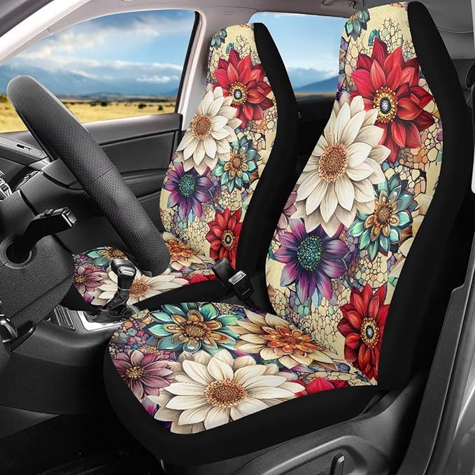BIGCARJOB Blossom Lotus Car Seat Covers Set for Front Only Boho Lotus Print Car Interior Accessories Cute Seat Protector for Cars Saddle Blanket,Fit Most Vehicle,Cars,Sedan