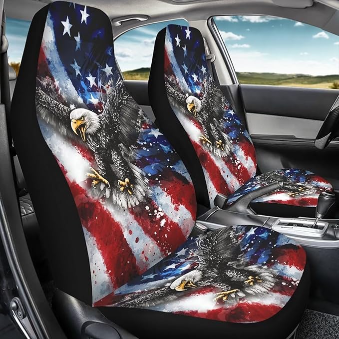 KEIAHUAN Front and Back Car Seat Covers American Flag Eagle Front Seat Cover and Split Rear Bench Seat Cover 4th of July Patriotic Automotive Interior Accessories