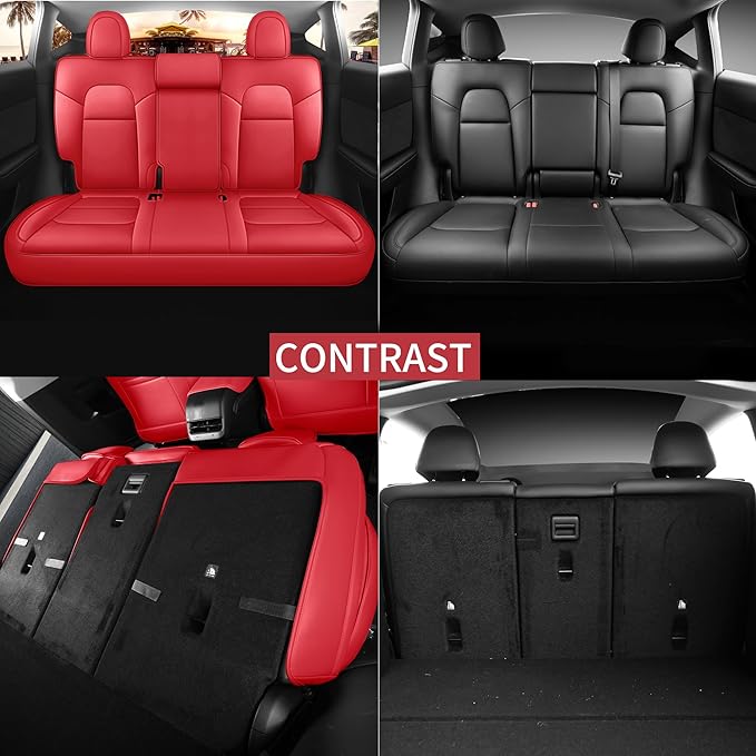 for Tesla Model Y Seat Covers 2020-2024 12pcs Waterproof Nappa Leather Seat Cover Fully Wrapped Customized for Tesla Model Y (TY-Red)