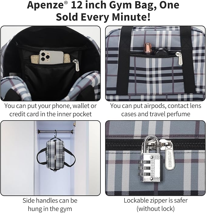 Small Gym Bag Carry On Bag - 12 in Mini Duffle Bag Lightweight for Overnight Travel(Gray white plaid)