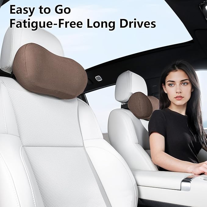 Car Neck Pillow Ergonomic Design Memory Foam Softness Car Headrest Pillow for Neck Support Cushion for Driving, Universal Fit Head Rest Travel Pillow, Fits All Vehicles, Brown, 1 Pack