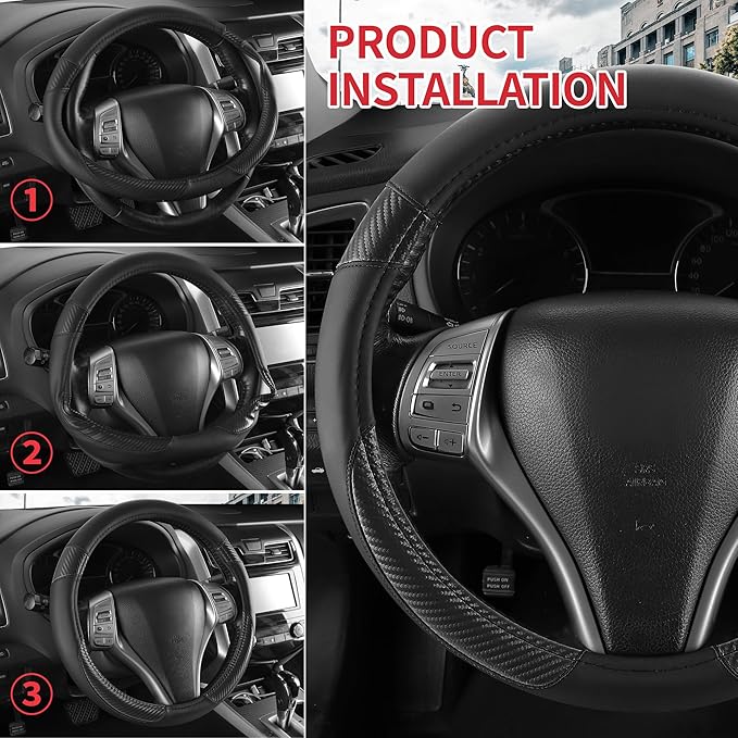 Non-Slip Car Nappa Leather Steering Wheel Cover,Universal Car Accessories Women Men Fit 14" 1/2-15" Suvs/Vans/Sedans/Cars/Trucks,Black