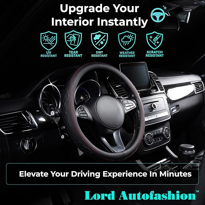 Lord Autofashion Steering Wheel Cover – PU Leather, Non-Slip Rubber Inner, All-Season Comfort – 14.5–15 Inch (Black/Red 9366)