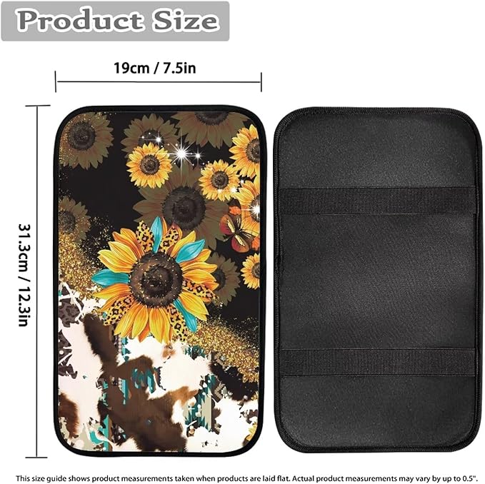 Universal Armrest Cover Pad, Sunflower Cow Print Car Center Console Cushion Pad, Protect from Pet Claws, Sticky Fingers, Auto Decor Accessories