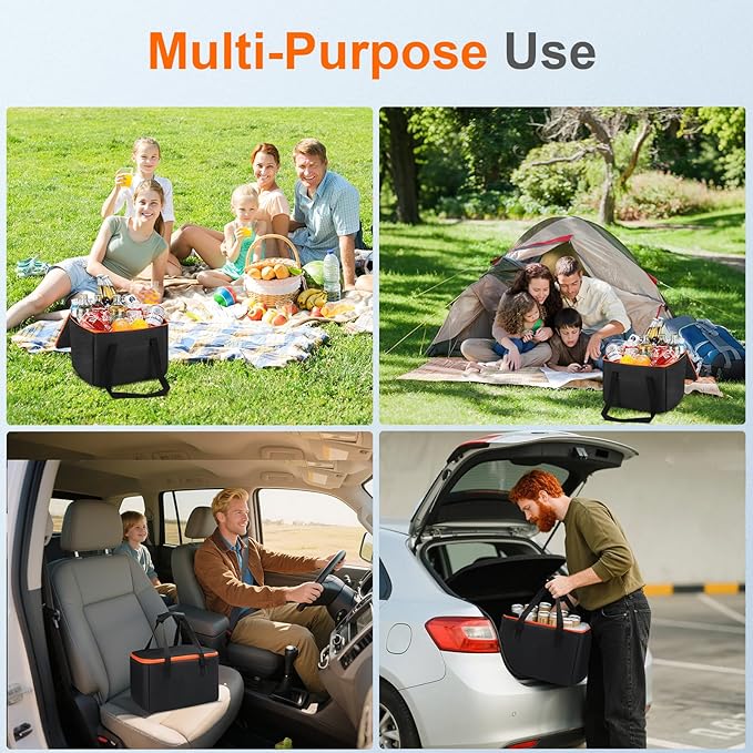 Portable Soft Cooler Bag, Collapsible Insulated Leak-Proof Car Cooler Bag, Insulated Ice Chest with Waterproof Zipper, Leak-Proof Organizer for Cars, Fits Most Vehicles, Orange
