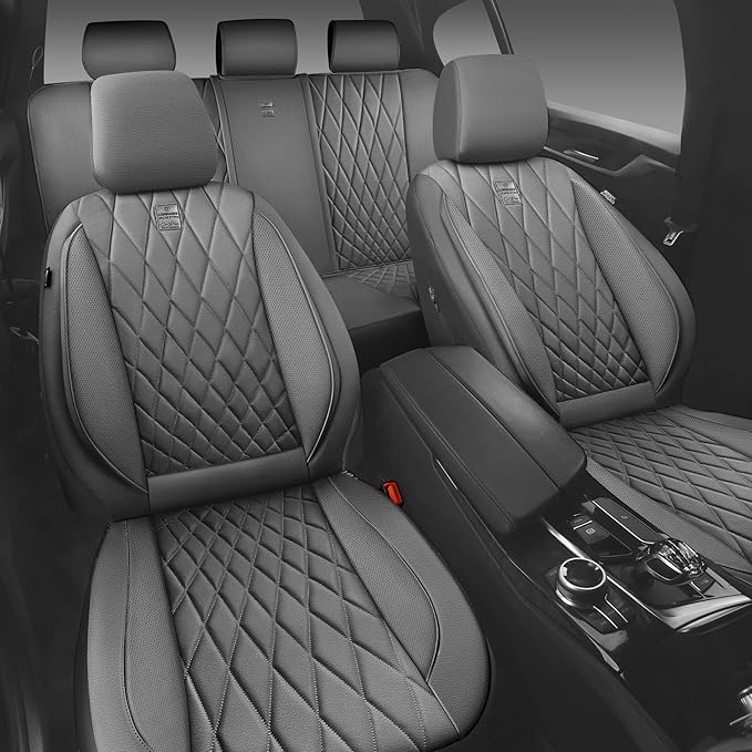 CAR PASS Piping Luxury Leather Seat Covers Full Set,5 Seats Anti-Slip Waterproof Seat Covers Compatible with Front Armrests,Universal Fit for Sendans, Suvs,Vans,Trucks,Airbag Compatible,Pure Gray