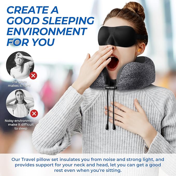 Travel Pillow, 2 Pack Travel Pillows for Sleeping Airplane, Neck Pillow Airplane, Memory Foam Neck Pillow Set with Eye Mask, Earplugs and Storage Bag -Grey & Pink