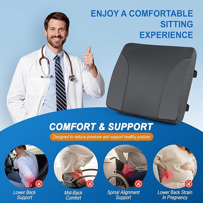 Lumbar Support Pillow for Car: Ergonomic Memory Foam Lumbar Pillow for Long Drives, Lower Back Support for Pain Relief, Dual Adjustable Straps, Back Cushion for Car Seat, Office Chair - Black