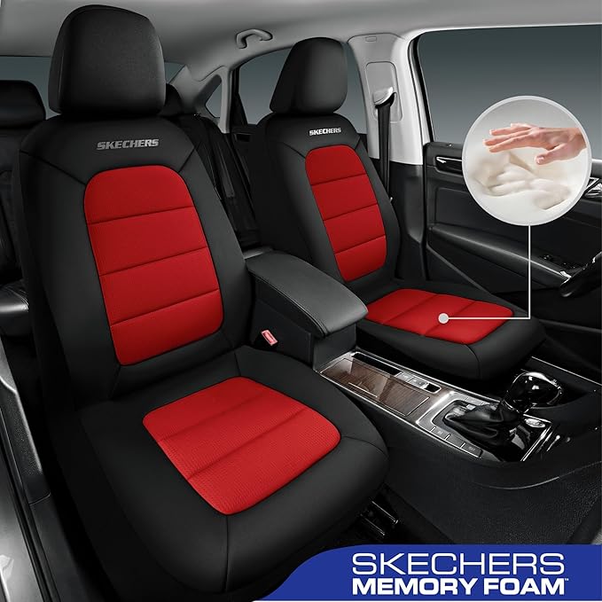 Skechers Memory Foam Seat Covers,Thick Cool Touch Fabric Seat Covers,Front Seat Covers Airbag Compatible,Automotive Comfort Protection for Most Cars,Vans,Trucks,SUV,Red