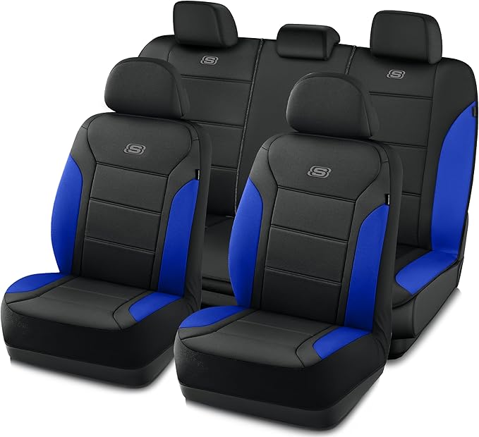 Skechers Memory Foam Car Seat Covers, Lycra Fabric Seat Covers Thick Memory Foam, Car Seat Cover Full Sets, Airbag Compatible, Automotive Comfort Protection for Most Cars, Trucks, SUVs, Blue