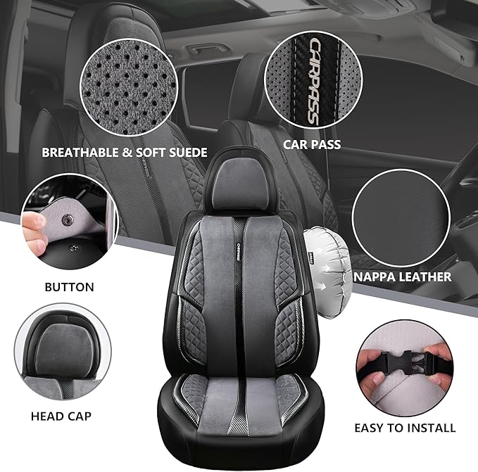 CAR PASS Suede Leather Seat Covers Full Set Soft Protector Durable Cushioned Warm in Winter Breath in Summer,Universal Sport Car Seat Cover Fit for Sedan SUV Pick-up Truck,Anti-Slip and Backseat(Grey)