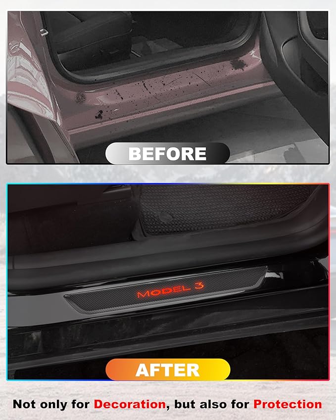 LED Door Sill Lights for Tesla Model 3 2017-2025 Accessories, ABS Scratch-Resistant Sill Protector with 7-Color RGB Lighting, Battery Powered Model 3 Pedal Mood Lamp, Carbon Fiber, 4PCS
