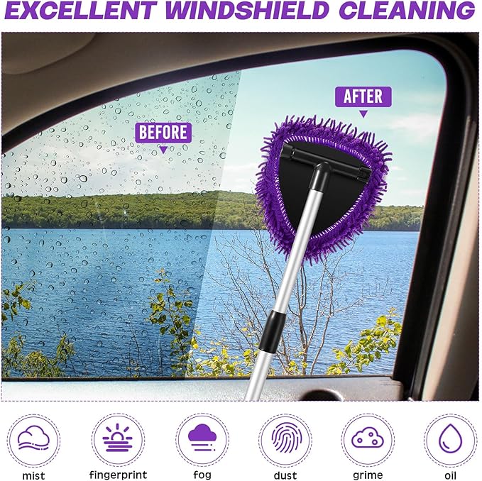Baderke 9 Pcs Car Windshield Cleaner Tool Kit with with Extendable Handle, Microfiber Towel Pads, Sponge, Ventilation Brush, Empty Spray Bottle for Auto Glass Wiper Suvs Rvs & Home Windows(Purple)