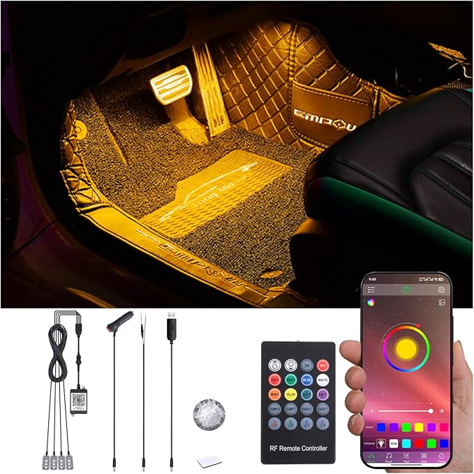 Car Ambient Lighting with Bluetooth App Control + RF Remote Control 64 Colors Multicoloured Music Interior Footwell Lighting Kit DC 12V 1W