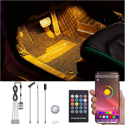 Car Ambient Lighting with Bluetooth App Control + RF Remote Control 64 Colors Multicoloured Music Interior Footwell Lighting Kit DC 12V 1W