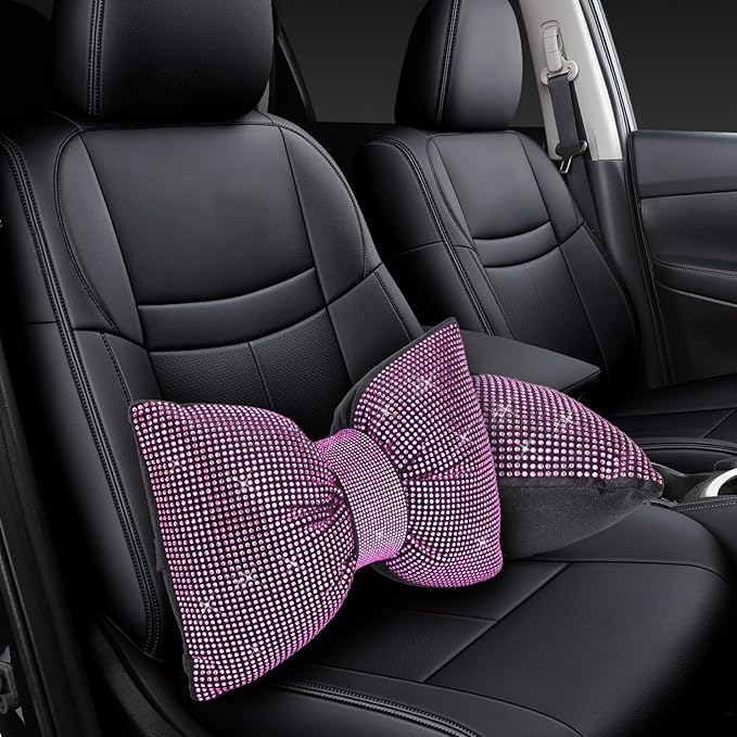 2 PCS Bling Car Pillows,Rhinestones Bowknot Car Headrest Pillow,Car Neck Pillow for Driver Relax Necksupport,Sleeping Travel Support Neck Pillow,Shiny Diamond Interior Accessories for Women,Pink