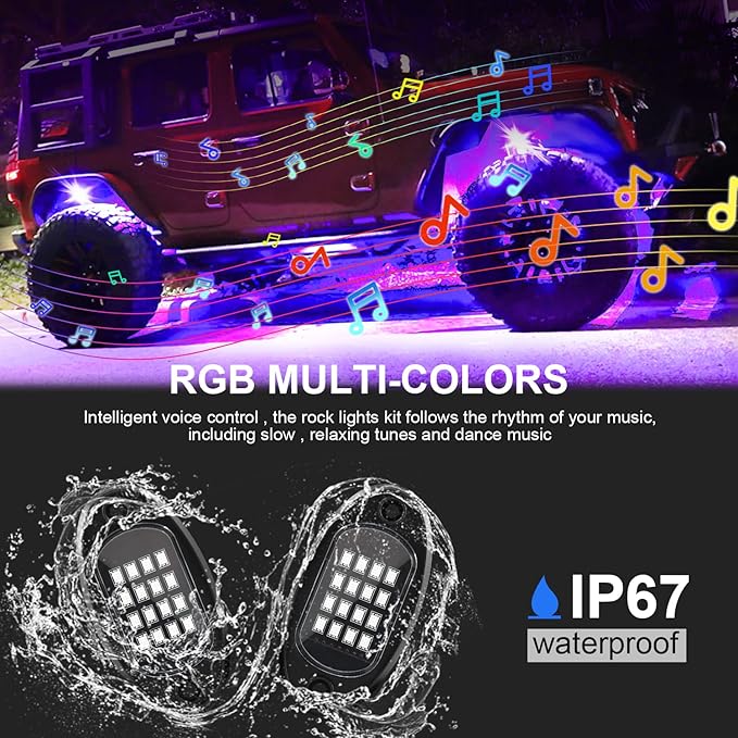 GSRECY RGB LED Rock Lights for Trucks, 4 Pods Rock Lights with App/Remote Control/Music Mode, Multilcolor Neon Underglow Wheel Well Light for ATV Pickup Off Road RZR UTV Golf Car Trailer Boat