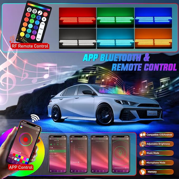 Nilight 8Pcs RGBW Aluminum Underglow Neon Accent Strip Lights 252LEDs Door Assist Multi Color DIY Sound Active Function Music Mode with APP and Remote Control Underbody Light Strips for Car Truck RV