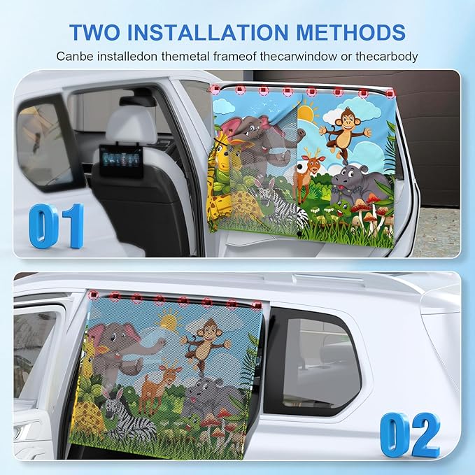 Car Window Shades with 8 Magnets-26.8"x19.7" Car Rear/Side Window Sunshade for Baby Semi-Transparent 2-in-1 Universal Auto Sun Shade for Kid & Pet Protection (2 Pack) Grassland Animal
