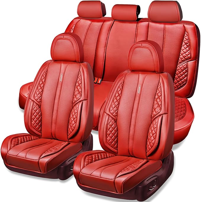 CAR PASS Nappa PU Leather Car Seat Covers Full Set Waterproof Protector Durable Cushioned,Universal Fit for Sedan SUV Pick-up Truck,Anti-Slip Luxury Premium Deluxe(Red)