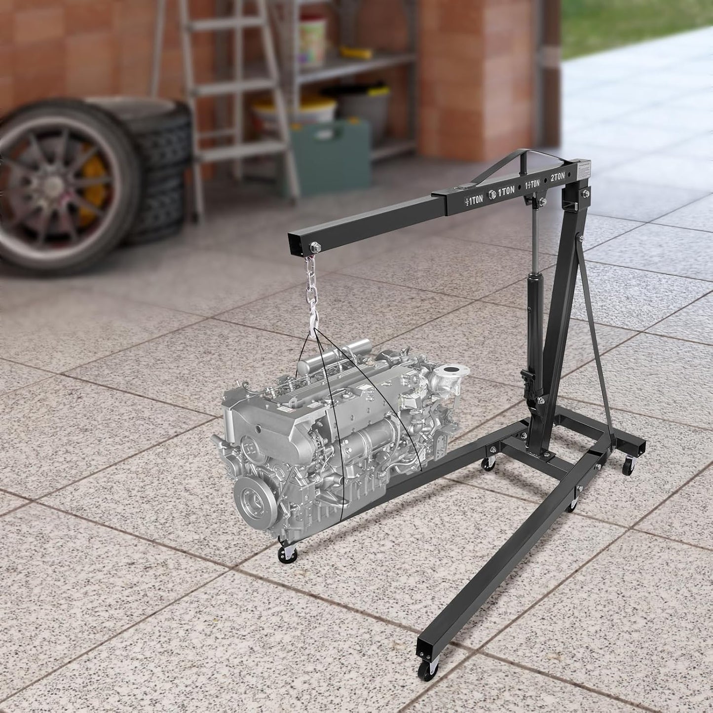 Folding Engine Crane 1 Ton Folding Engine Hoist 2200lbs Hydraulic Crane with 6 Iron Caster Wheels for Garage, Workshop (Black)