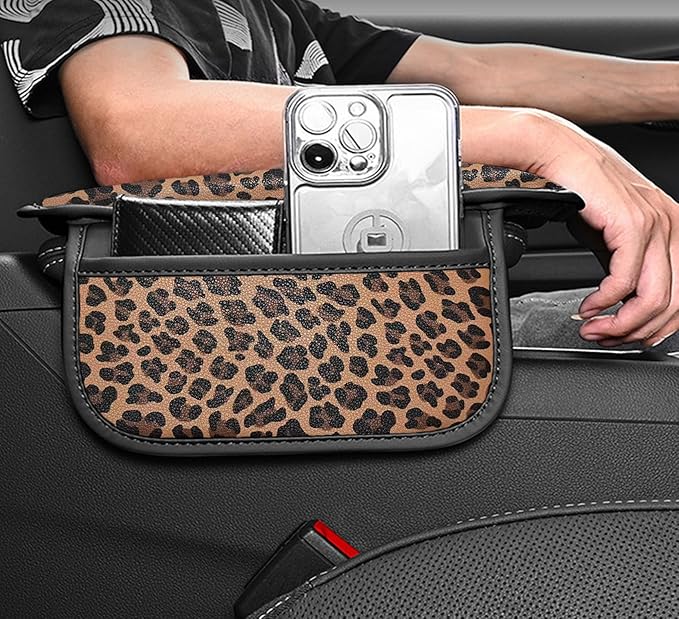 Dotesy Brown Cheetah Print Car Center Console Cover,Microfiber Leather Car Armrest Pad Cushion with 2 Storage Bags,Universal Car Armrest Storage Box Car Interior Accessories for Most Vehicles