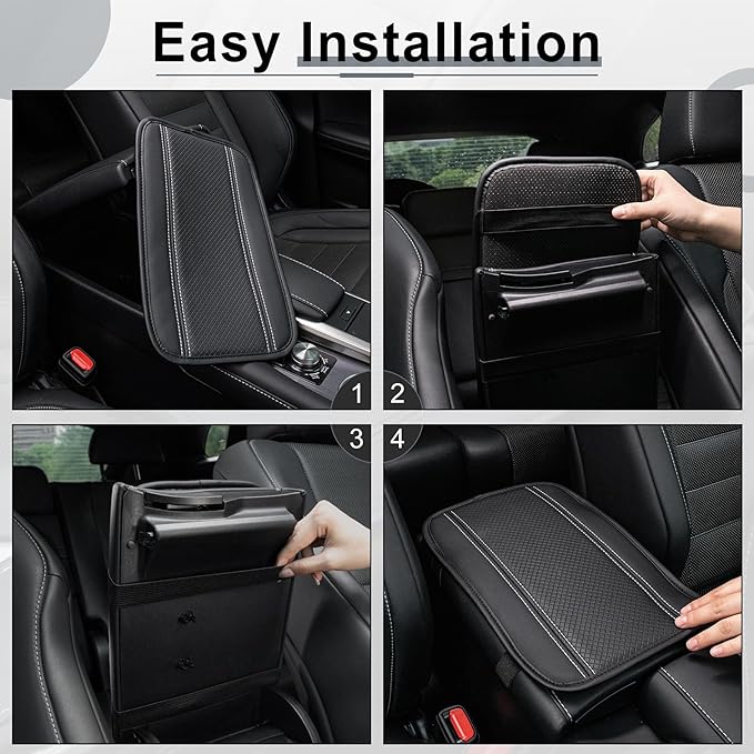 Amiss Car Center Console Pad, Universal Waterproof Car Armrest Seat Box Cover, PU Leather Auto Armrest Cover Protector，Vehicle Interior Accessories fits SUV/Truck/Car (Black-Silvery)
