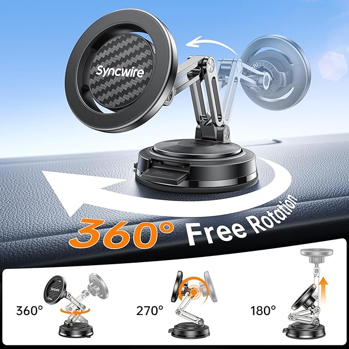 SYNCWIRE for MagSafe Car Mount, [3-Axis Adjustable] Vacuum Magnetic Phone Holder, Replaceable Suction Cup (Dashboard/Windshield), 360° Rotation, Foldable, for iPhone 17-12 Pro/Max/Plus, Carbon-Fiber