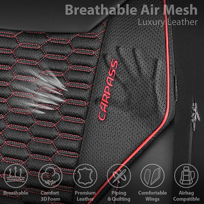 CAR PASS 3D Foam Mesh Leather Car Seat Covers Full Set,Breathable Mesh Faux Leather Seat Covers for Car,Universal Fit for SUV Truck Sedan Automotive, Armrest Airbag Compatible,Black and Red