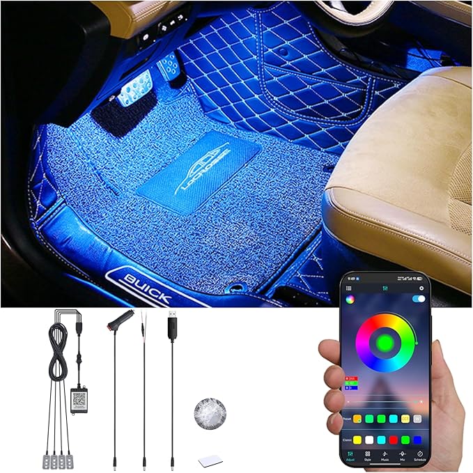 Car Ambient Lighting 64 Colors Multicoloured Music Footwell Lighting APP Control Car DIY Decorative Atmosphere Lighting Kit DC 12V 1W