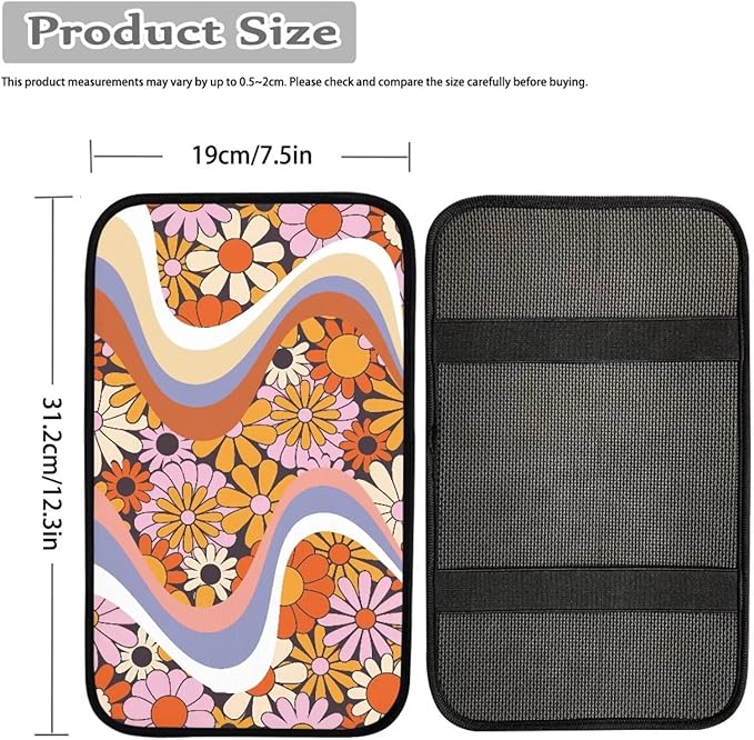 Dreaweet Hippie Flower Car Center Console Cushion Pad,Universal Armrest Seat Box Cover Protector,Comfortable Car Decor Accessories Fit for Most Cars,Trucks,SUV