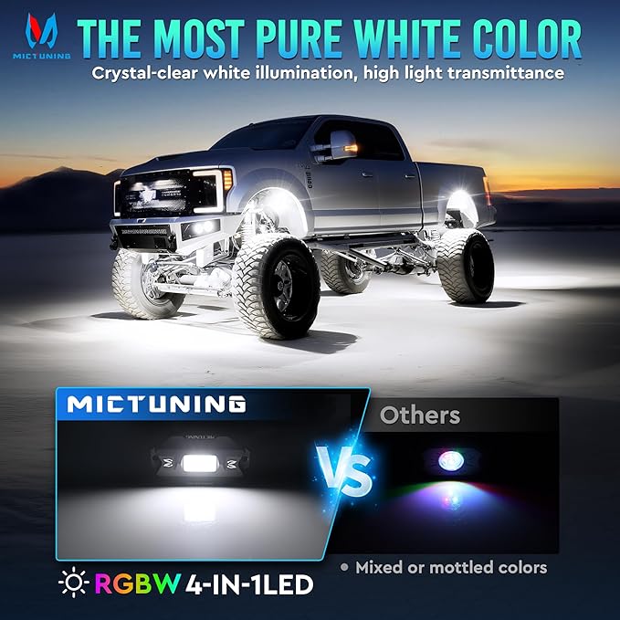 MICTUNING C1 4 Pods RGBW LED Rock Lights - Multicolor Underglow Neon Light Kit with Bluetooth Controller, Music Mode