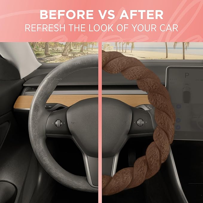 Carbella Twisted Fur Brown Soft Steering Wheel Cover, Standard 15 Inch Size Fits Most Vehicles, Fuzzy Fluffy Car Steering Cover with Soft Faux Fur Touch, Car Accessories for Women