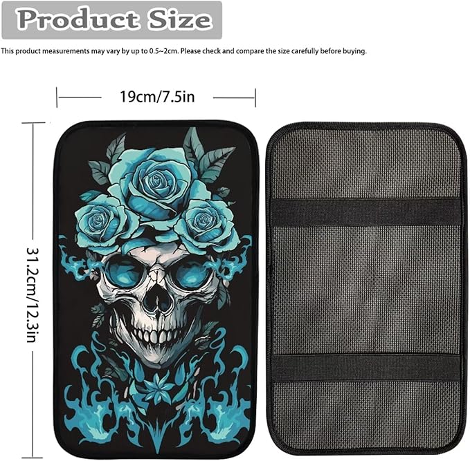 Dreaweet Teal Rose and Skull Center Console Cover Halloween Car Accessories for Women Interior Soft Comfort Vehicle Center Console Armrest Cover Pad Universal Fit Most Cars SUV Sedan