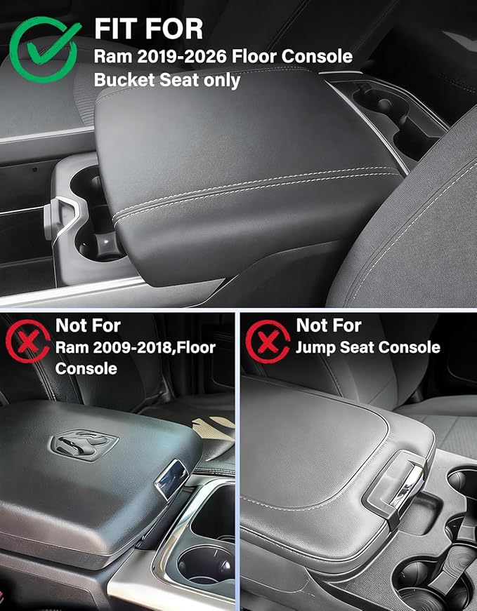 Center Console Cover Compatible with 2019-2026 Dodge RAM 1500 2500 3500 Accessories, Vinyl Leather Middle Console Cover Cushion Pad, Anti-Scratch, Black(Floor Console Bucket Seat Only)