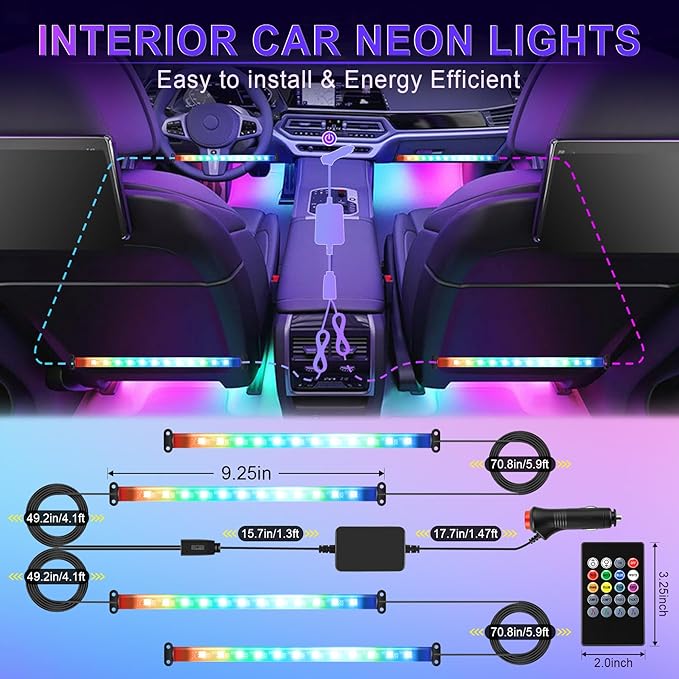 LivTee Smart Car Interior Lights, RGB LED Accent Lights with App Control, DIY & Music Mode, 2 Lines Design LED Lights for Cars, 12V Cigarette Lighter Power, Car Accessories for Women