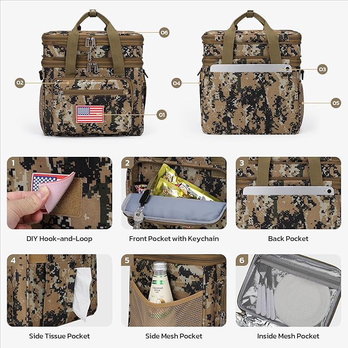 Maelstrom Lunch Box, 23L Insulated Lunch Bag, Expandable Double Deck Cooler Bag, Lightweight Leakproof Tote Bag With Side Tissue Pocket, Suit For Men and Women (I Camouflage with DIY Hook-and-Loop)