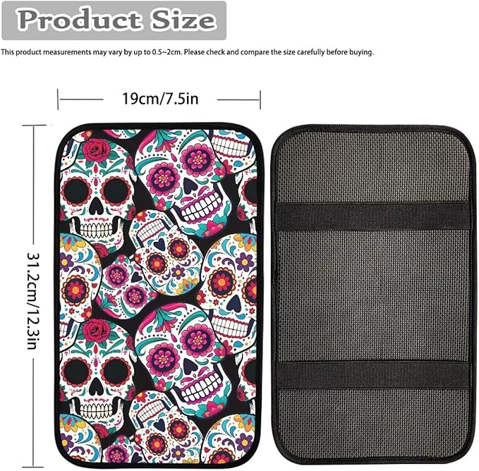 Dreaweet Sugar Skull Center Console Armrest Pad Cover Halloween Car Accessories Soft Comfort Arm Rest Cover Pad Universal Middle Console Covers for Cars SUV Truck Sedan