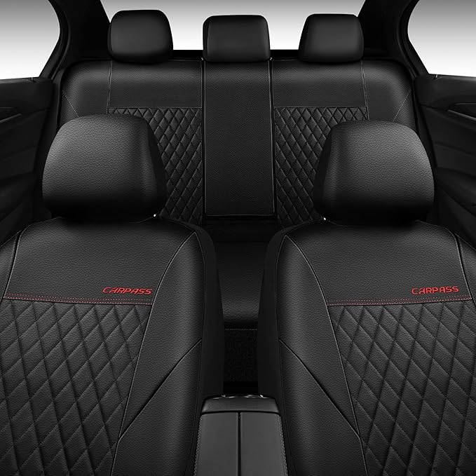 CAR PASS Quilting Faux Leather Seat Covers Full Set, Waterproof Deluxe Premium Seat Cover with 5mm Composite Sponge Inside, Airbag Compatible Auto Seat Cover Universal Fit for 95% Sedan SUV Van, Black