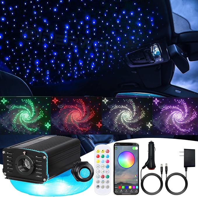 Twinkle Fiber Optic Lights,Bluetooth APP/Remote/Music Activate Starlight Headliner Kit with RGBW LED Light Engine,300pcs 9.8ft 0.03in Optic Fiber Cable for Car/Home/Party Star Light Ceiling