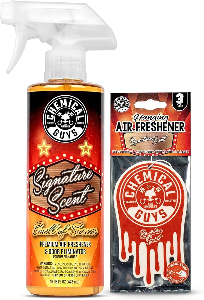Chemical Guys Signature Scent Air Freshener and Odor Eliminator, 16 fl oz with 3 Pack of Hanging Air Fresheners (Great for Cars, Trucks, SUVs, RVs, Home, Office, Dorm Room & More) - HOL461