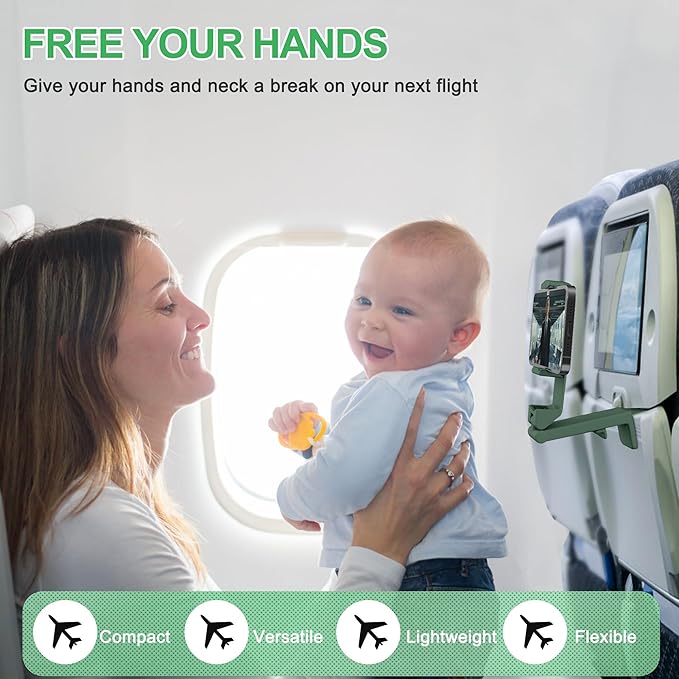 Perilogics Airplane Phone Holder Mount Universal in Flight Hands Free Viewing with Multi-Directional Dual 360 Degree Rotation (Evergreen)