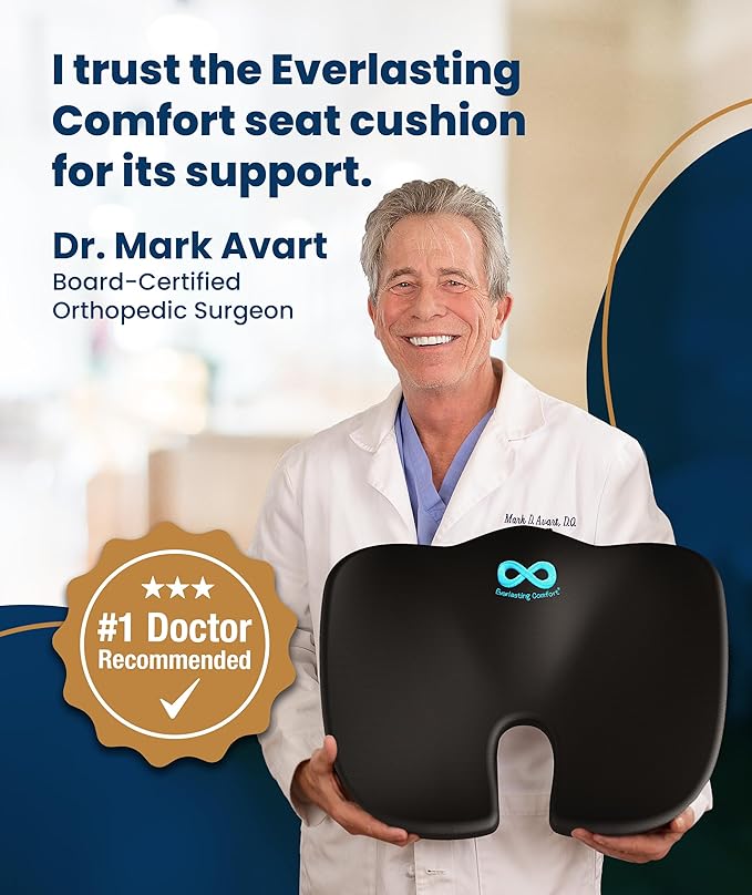 Everlasting Comfort Doctor Recommended Memory Foam Seat Cushion for Office Chairs & Car - Ergonomic Office Desk Accessories - Cushions for Tailbone Pain Relief, Sciatica (Black, XX-Large)