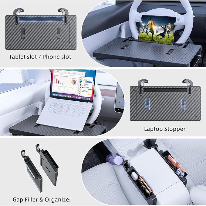 3 in 1 Car Steering Wheel Desk Tray & Car Seat Gap Filler & Organizer, Foldable Carbon Fiber Look Adjustable Car Tray,for Laptops, Eating Food, Writing, Entertainment.