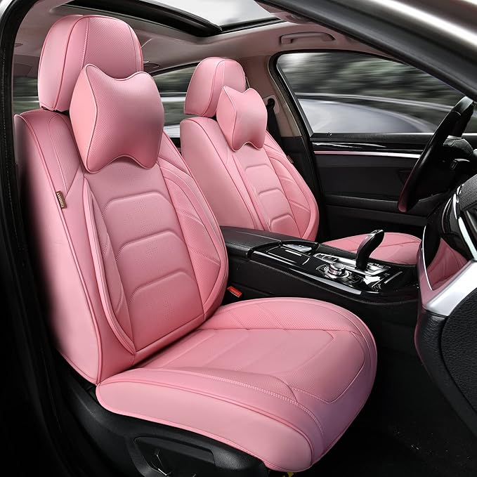 Pink Car Seat Covers Front Pair, Breathable Leather Automotive Front Seat Covers & Headrest for Comfortable Driving, Universal Auto Interior Fit for Most Kinds of Vehicles