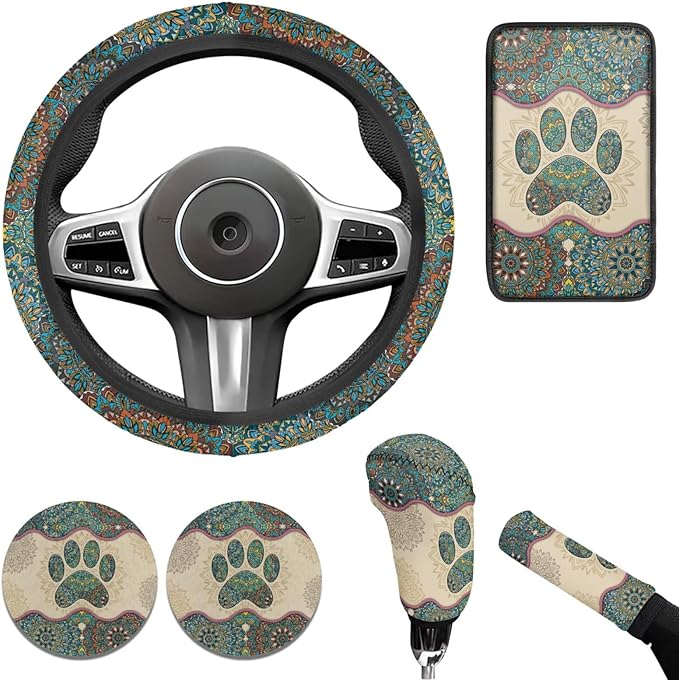 Dog Claw Car Steering Wheel Covers Set Bohemian Print Car Interior Accessories Cup Holder,Handbrake Gear Cover for Vans Truck SUV