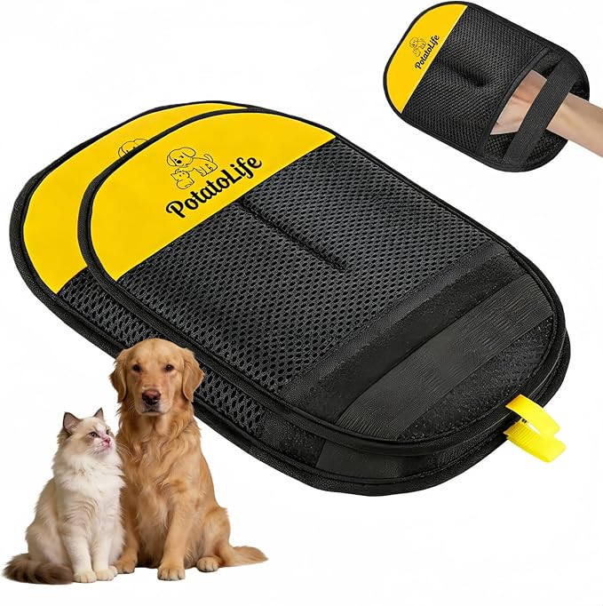 PotatoLife Pet Hair Removal Glove Upgraded Reusable Electrostatic Washable Fur Remover for Dogs Cats, Grooming Mitt for Couch, Sofa, Furniture, Carpet, Clothing and Car Seat, 2-Pack Large&Small