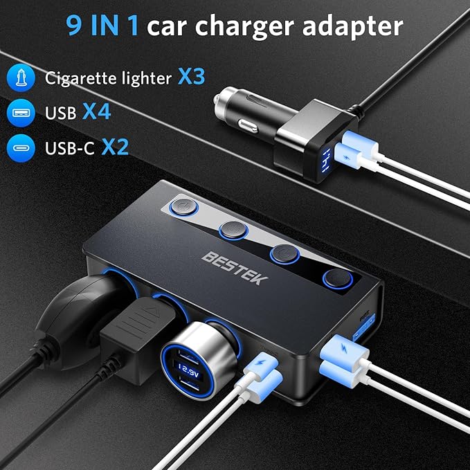 BESTEK 180W Cigarette Lighter Splitter, 3-Socket Car Cigarette Lighter with PD36W/65W and QC3.0 18W Ports, Cigarette Lighter Adapter, LED Voltage Display for Dash Cam, GPS, iPad/Laptop/Phone