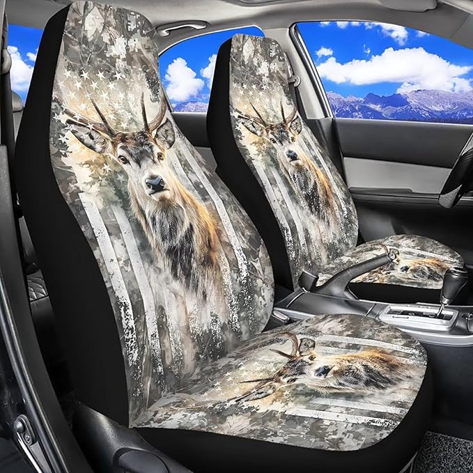 ELEQIN Deer Camo US Flag Car Seat Covers Two Front Only for Car, Automotive Interior Covers, Quick Setup Universal Fit Seat Covers for Car, Truck, SUV