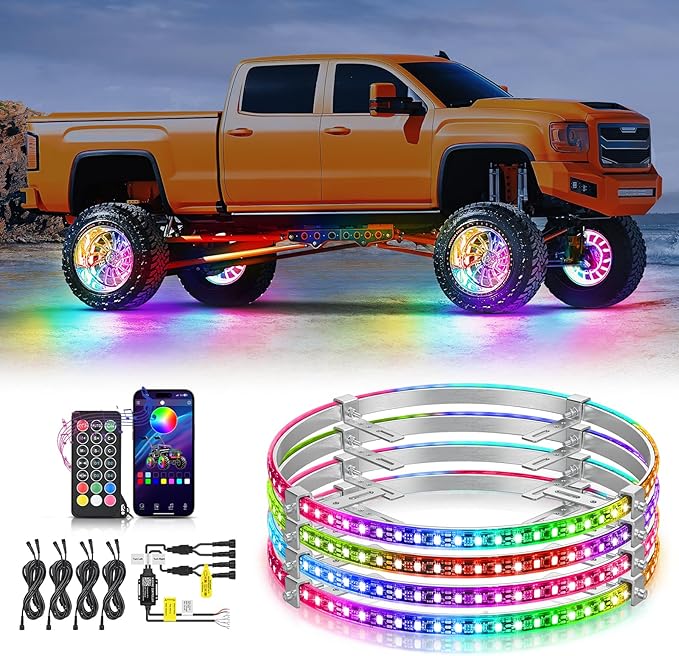 Nilight 4PCS 17.5inch Wheel Ring Lights Deram Color with APP and Remote Control Neon Lights Million Colors w/Turn Signal and Braking Function for Car Van SUV Truck
